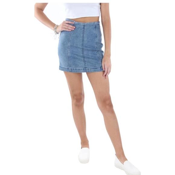 Free People Preppy Light Wash Zip Up Denim Mini Skirt In Size 12 - Picture 1 of 7